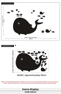 Detailed size chart for cartoon whale wall stickers with layout and display dimensions