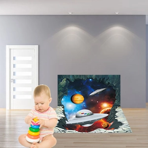 Detailed 3D outer space wall decal with silver UFOs and giant planet for room decor