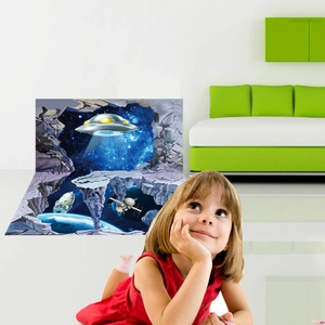 3D space wall sticker featuring a glowing UFO spaceship and distant planets for bedrooms