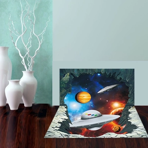 3D spaceship and outer space planets wall sticker with a broken wall visual effect