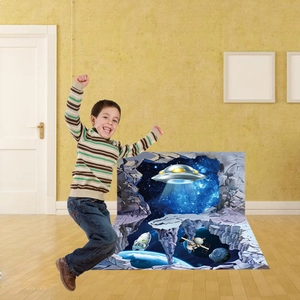 3D outer space wall sticker featuring UFO, spaceship, and planets for home room decor