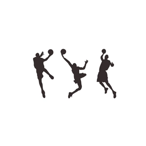 Three black basketball player silhouettes in dunking and jumping poses for wall decor