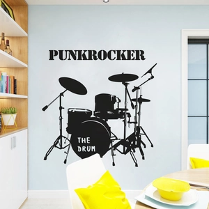 Creative drum set silhouette wall sticker for music room with punk rocker text design