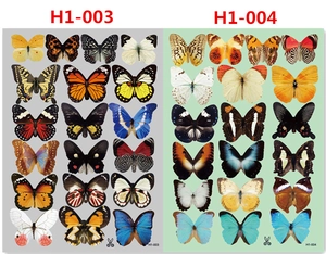 Detailed view of colorful 3D butterfly wall stickers in styles H1-003 and H1-004 patterns