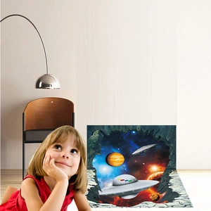 3D spaceship and planet wall sticker shown in a minimalist room with a broken wall effect