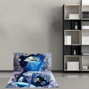 3D space wall decal featuring a glowing UFO and cosmic planets in a rocky portal