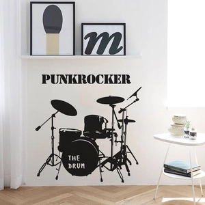 Detailed wall sticker featuring a black drum set silhouette with punk rocker lettering