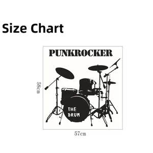 Detailed dimension guide for the punk rocker drum kit wall sticker measuring 58x57 cm
