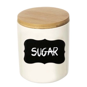 Modern white ceramic sugar storage jar with wooden lid and black chalkboard label