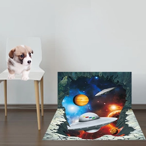 3D outer space wall sticker featuring spaceships and planets with broken wall effect