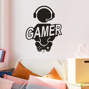 Creative black GAMER wall sticker with gamer silhouette and headset for bedroom decor