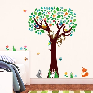 Adesivi murali albero della foresta con scimmie e animali per cameretta bimbi