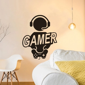Black GAMER wall sticker with headset and controller silhouette for gaming room decor