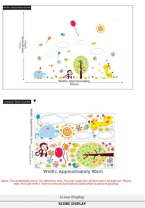 Detail of 3D forest animal wall stickers showing layout and scene dimensions for kids