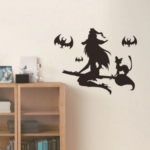 Halloween black vinyl wall stickers with witch, cat, and bats silhouettes for home decor