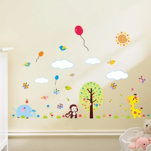 3D cartoon animal wall stickers featuring giraffe, monkey and elephant for nursery room