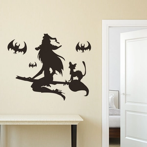 Halloween black vinyl wall stickers featuring flying witch, black cat and bats for decor