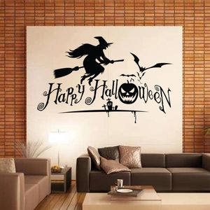 Halloween wall sticker with witch, bats and pumpkin decals in a modern living room decor