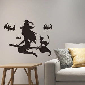 Halloween wall sticker with witch silhouette, black cat, and bats for home decor