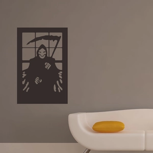 Gothic Grim Reaper wall decal silhouette with scythe in a window frame for Halloween decor