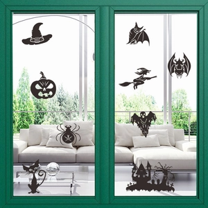 Halloween Silhouette Wall Sticker PVC Self-Adhesive Pumpkin Witch Bat Ghost Glass Window Living Room Bedroom Decor FX3035