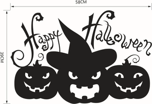Halloween pumpkin wall sticker with wizard hat silhouette and Happy Halloween text 58x39cm