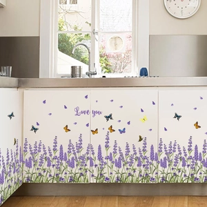 Stickers Muraux Lavande et Papillon Décalcomanies Florales Violettes Romantiques Avec Citation Love You pour Chambre Cuisine Maison