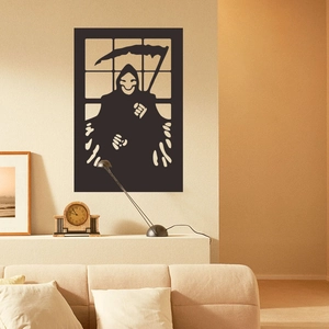 Halloween Grim Reaper wall decal with skull and scythe in a cozy living room decor