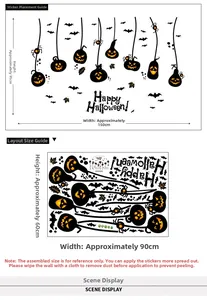 Detail showing layout and dimensions of Halloween pumpkin lamp wall stickers 90x60cm