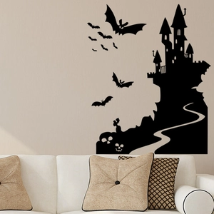 Halloween vinyl wall sticker featuring a Gothic castle and bats in a living room setup