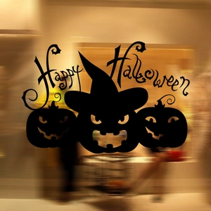 Halloween window sticker featuring black pumpkins, witch hat, and Happy Halloween text
