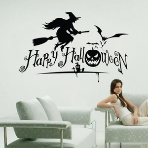 Halloween vinyl wall stickers featuring witch on broomstick, bats, pumpkins and Happy Halloween