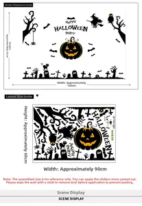 Detailed Halloween wall decal layout showing 90x60cm sheet and 140x92cm finished size