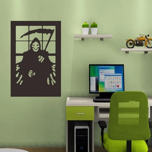 Halloween grim reaper silhouette wall sticker with scythe in a minimalist home office setting