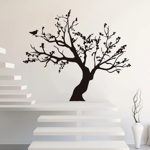 Modern black tree wall decal with bird silhouette for living room wall decoration