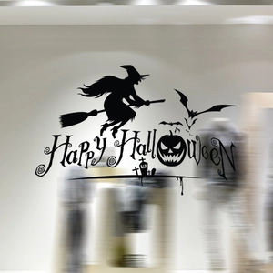 Halloween wall sticker with witch, pumpkins and bats on a grey background