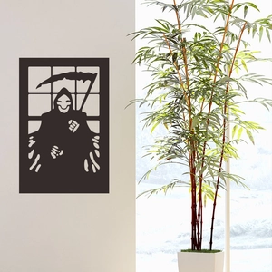 Minimalist black Grim Reaper wall sticker silhouette with sickle and window frame decor