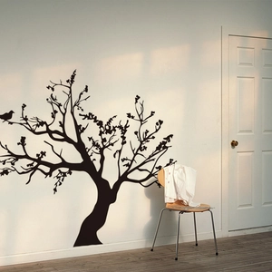 Minimalist black tree wall sticker with leaves and bird silhouette for home decor