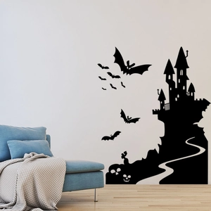 Halloween vinyl wall decal with black bat and castle silhouette for spooky home decor