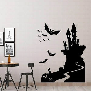 Halloween Gothic castle and black bat silhouette wall stickers for interior home decoration