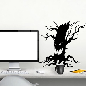 Detail of black spooky haunted tree silhouette wall sticker for Halloween shop decor