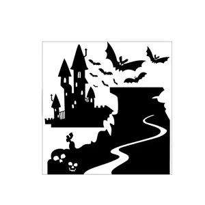 Detail layout of black Halloween vinyl wall stickers featuring bats and haunted castle