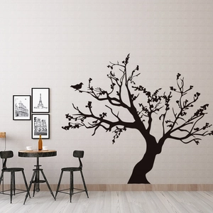 Minimalist black tree silhouette wall decal with birds for modern living room decor