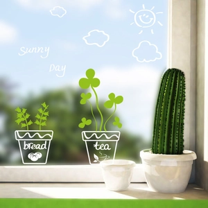 White potted plant window stickers with green clover and hand-drawn sunny day patterns