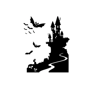 Detailed silhouette of Halloween vinyl wall sticker featuring castle and flying bats