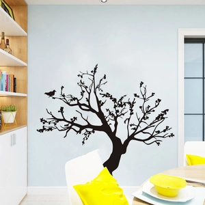 Minimalist black tree wall decal with bird silhouettes for modern living room decoration