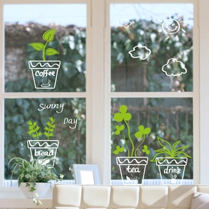 White potted plant window stickers with coffee and tea designs for home glass decor