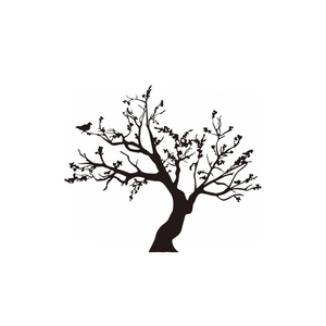 Detail of minimalist black tree silhouette wall sticker with a small bird on a branch