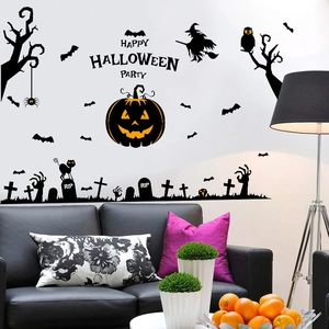 Halloween pumpkin wall decals with witch and bats for living room party decoration
