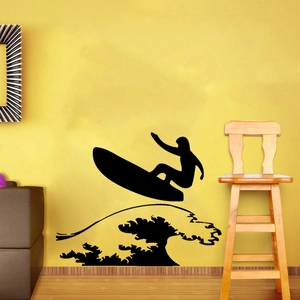 Black silhouette surfing wall sticker on yellow background for home decoration